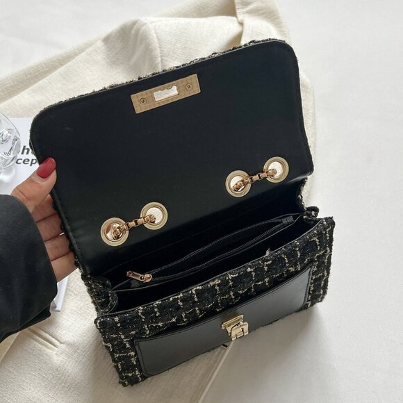 Black Elegant Women's Plaid Thick Small Square Bag Shoulder Bag - Picture 3 of 8